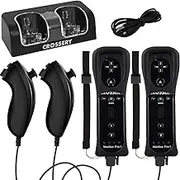 Wii Remote and Nunchuck Controller Bundle with Charging Dock - 2 Pack Motion Plus Remotes, 2 Nunchucks, 1 Charging Station, Compatible with Nintendo Wii & Wii U - Black