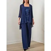 Jumpsuit / Pantsuit 3 Piece Mother of the Bride Formal Wedding Guest Elegant Square Neck Floor Length Chiffon Sequined 3/4 Length Sleeve with Sequin Appliques