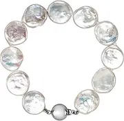 [JewelryWeb] 925 Sterling Silver 13 14mm/ 20 Centimeters Polished Freshwater White Cultured disk Pear Link Bracelet for Women