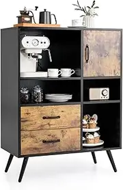 Giantex Mid-Century Buffet Sideboard, Industrial Kitchen Cupboard with Single Door, 2 Drawer & 4 Open Compartments, Multifunctional Storage Organizer for Kitchen, Dining Room, Entryway