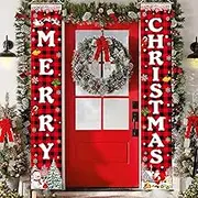 Christmas Decorations Merry Christmas Banner Xmas Porch Door Red Black Buffalo Sign Welcome Hanging Banner for Wall Home Party Decor Indoor Outdoor