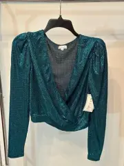 Kit & Sky Metallic Faux-Wrap Crop Top- Metallic Dark L