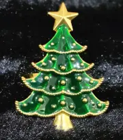 Green Enamel & Gold Christmas Tree Shaped Napkin Ring 8pc Glam 2.5" Beekman Home