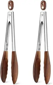 2 Pcs Walnut Wooden Kitchen Tongs for Cooking with Wooden Tips - Wooden Tongs Ideal for BBQ, Salad, Toaster, Bread & Pickles - Made of Natural Walnut Wood(12 Inch)