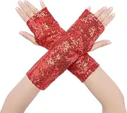[Elerevyo] Women's Sparkly Sequin Shiny Arm Warmers Wrist Length Fingerless Gloves Shimmer for Disco Party
