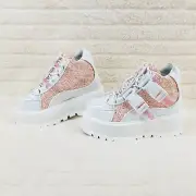 Slacker 50 White Pink Glitter Platform Sneaker Ankle Boots DEMONIA