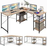 Costway L-Shaped Corner Desk, Convertible Computer Desk w/ 4-Tier Shelves & 3 Cable Holes, Modern Gaming Writing Workstation, 242 cm 2-Person Long Computer Desk for Home Office (Natural)