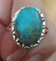 size 10 Sterling Silver 15x18mm Navajo oval Blue Turquoise 3mm wide band Ring