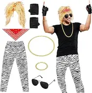 Mepase 7 Pcs 80s Costumes for Men Rock Costume Rocker Pants Wig Gloves Set Men's 80s Outfit for Party 1980s Halloween Costume