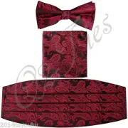 New Men's BLACK / RED Cummerbund And STRAIGHT CUT Bowtie & Pocket Square Hanky