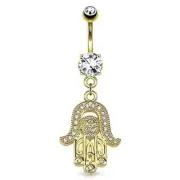 Belly Button Ring Hamsa Gem Paved Dangle 14kt Gold Plated Navel Ring