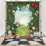 Newsely Wonderland Green Fence Tea Backdrop 5Wx7H Photography Fairy Tale Checkerboard Grass Key Kids Floral Plant Background for Baby Shower Party Decorations Banner Photo Booth Props Supplies
