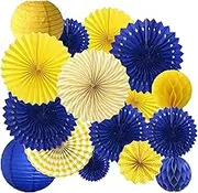 16PCS Blue Yellow Graduation Grad Party Decorations Minions Birthday Hanging Paper Fan Rosettes Honeycomb Ball Lanterns Royal Prince Boy Baby Shower Wedding Bridal Shower Classroom Décor
