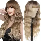 Blonde Wig with Bangs 26inch Long Synthetic Wig Wavy Curly Ombre Wigs with Da...
