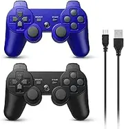 Powerextra Wireless Controller for PS3, 2 Pack High Performance Gaming Controller with Upgraded Joystick Double Shock for Play-Station 3 (Black and Blue)