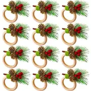 12 Pieces Christmas Napkin Rings Holder Pine Cones Poinsettia Pumpkin Wooden