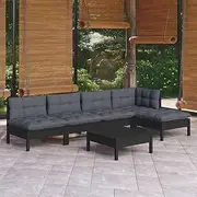 6-Piece Black Pinewood Garden Lounge Set with Cushions for Outdoor Patio