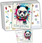 Set of 10 Birthday Panda Invitation Cards + Envelopes - for Teenagers and Creative Kids - Postcard Format 10.4 x 14.8 cm - Pre-Made in German - Ideal for Colourful Birthday Party