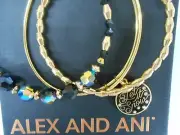 Alex and Ani Let it Snow Set of 3 Bangle Bracelets Shiny Gold Tag Box Card