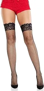 [Leg Avenue] Womens Stay up lace top backseam fishnet thigh highs, BLACK/RED, Black/Red, One Size