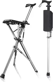 Walking Cane with Folding Seat Portable Aluminum Alloy Crutch Chair Outdoor Rest Stool Anti-Slip Lightweight Walking Stick for Seniors, 85cm/33.5in Long,Black