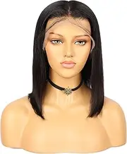 Black Human Hair Lace Front 13-4 Women Gule-less Wig,12 Inch Bob Straight Hair Style 150% Density Wig