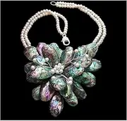 LAnGSHAW 2 Strands Freshwater White Pearl Abalone Shell Flower Statement Necklace