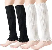 [Mcool Mary] 4 Pairs Leg Warmers for Women Winter Long Leg Warmers Ruffle Knit Soft Warm Long Boot Socks White Black, 4pairs-(white, Black)