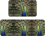 Peacock Feather Print Kitchen Floor Mat 2 Sets Non-Slip Rugs for Kitchen Laundry Office and Home Decor
