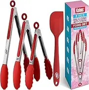 Kaluns Kitchen Tongs Set, 4 Piece -Red- Stainless Steel 7-9-12 Inch Tong + Bonus Silicone Spatula Best Non-Stick, Heat Resistant Serving Utensils Tools Collection Best for Cooking and Baking