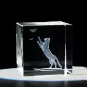 NEW Kitty Cat & Butterflies 3D Crystal Cube Paperweight Laser Engraved 2 in.