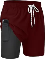 [Huayuzh] Mens Swimming Shorts Men Swim Trunks Quick Dry 2 in 1 Beach Shorts Surfing with Compression Liner Zipper Pocket