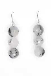 Rutilated Quartz Black & White 10mm Ball Gemstone .925 Sterling Silver Earrings