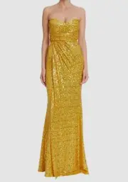 $880 Badgley Mischka Women's Yellow Sequin Strapless Draped Gown Size 14