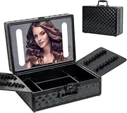 [Huisuilinss] Makeup Box with Lighted Mirror,Waterproof Travel Train Case, Cosmetic Organizer and Makeup Suitcase with Dividers,Cosmetic Train Case,Makeup Case For Travel