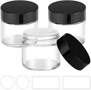 Bumobum 2 oz Glass Jars with Lids, 4 pack Clear Small Jar with Black Lids, Blank Labels & Inner Liners, 60 ml Empty Round Cosmetic Containers for Sample, Powder, Cream, Lotion, Spice