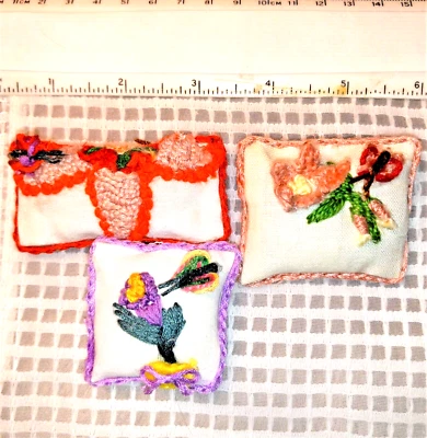 3 Hand Embroidered Toss Pillows/Cushions 1:6 Scale for Barbie. OOK