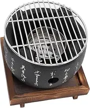 Japanese Style BBQ Grill, Mini Portable Barbecue Stove Aluminium Alloy Round Charcoal Stove with Wire Mesh Grill and Wooden Base, Japanese Tabletop Household Barbecue Tools (S)