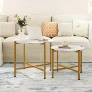 CostwayRound Coffee Table with Heavy-Duty Metal Frame for Living Room Set of 2-White