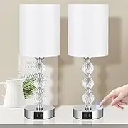 Clora 2 Pack Touch Bedside Crystal Lamp for Bedrooms Nightstand with USB C+A Charging Port, 3 Way Dimmable Silver End Side Table Lamp for Living/Guest/Dinning Room/Kitchen
