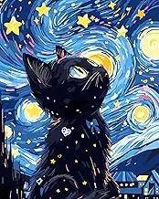 Yunnuo Paint by Numbers for Adults Black Cat, Paint by Numbers kit on Canvas for Beginners, Starry Night Oil Painting Set Craft Supplies, 3 Paintbrushes and Acrylic Paint 16x20 Inch