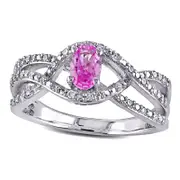 Oval Lab-Created Pink Sapphire and 0.17 CT. T.W. Diamond Split-Shank Ring in Sterling Silver