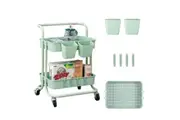 (Green)2 Tier Kitchen Rolling Storage Cart with Wheels Handle & Hooks & Cups