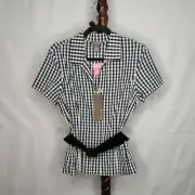 NWT Kenar women's 8 shirt black white check collar button up short sleeve belt