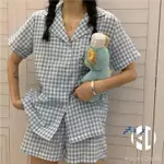 藍色格子睡衣套裝女夏季可外穿家居服短袖上衣睡褲短褲【聚物優品】