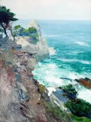 Seascape sea waves tree mountain cliffs G. Rose Tile Mural Backsplash Ceramic