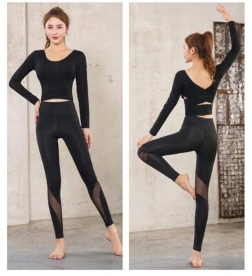 Girls Sport Legging and Long sleeve Gym Workout Tops Criss Cross Back and silver