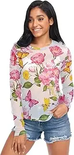 [ODAWA] Flowers Butterflies White Long Sleeve Sheer Blouse See Through Sheer Mesh Top Comfortable Shirt for Women