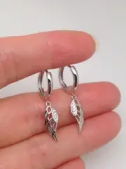 925 Sterling Silver Cz Angel Wing Dangle Huggie Hoop Earrings Womens 28mm(1.10")