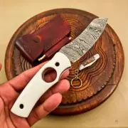 Damascus Cigar Cutter, Cigar Knife Razor Sharp Resin Handle with Leather Sheath